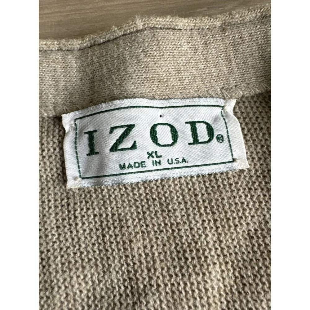 Vintage Izod Cardigan Men Sz XL Beige Button‎ Up Long Sleeve Made In USA Sweater